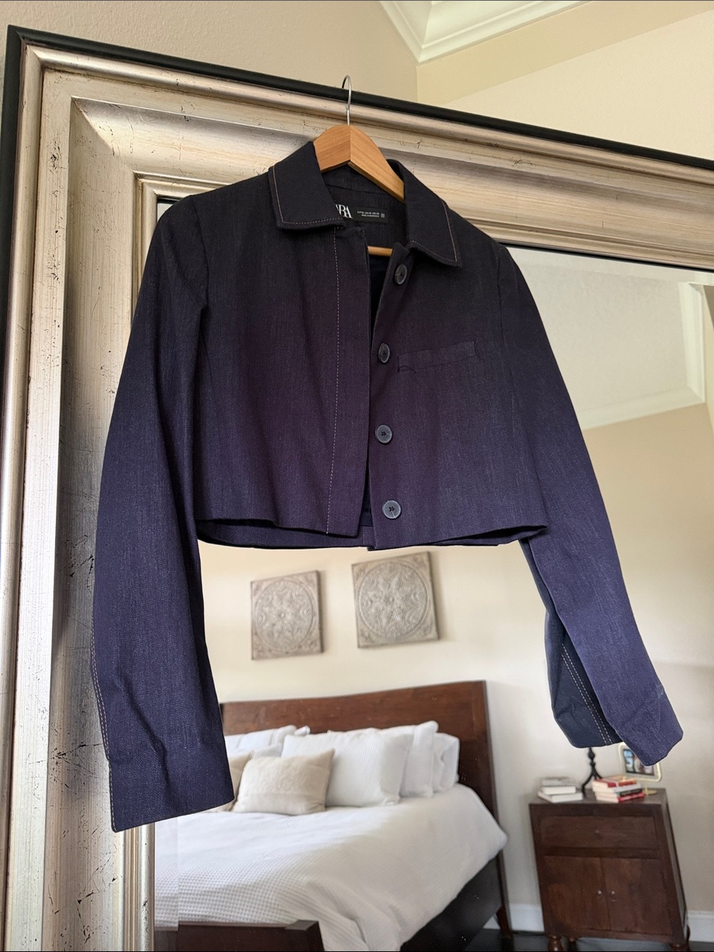 NWOT Zara Cropped Dark Navy Denim Button-Front Cropped Blazer
